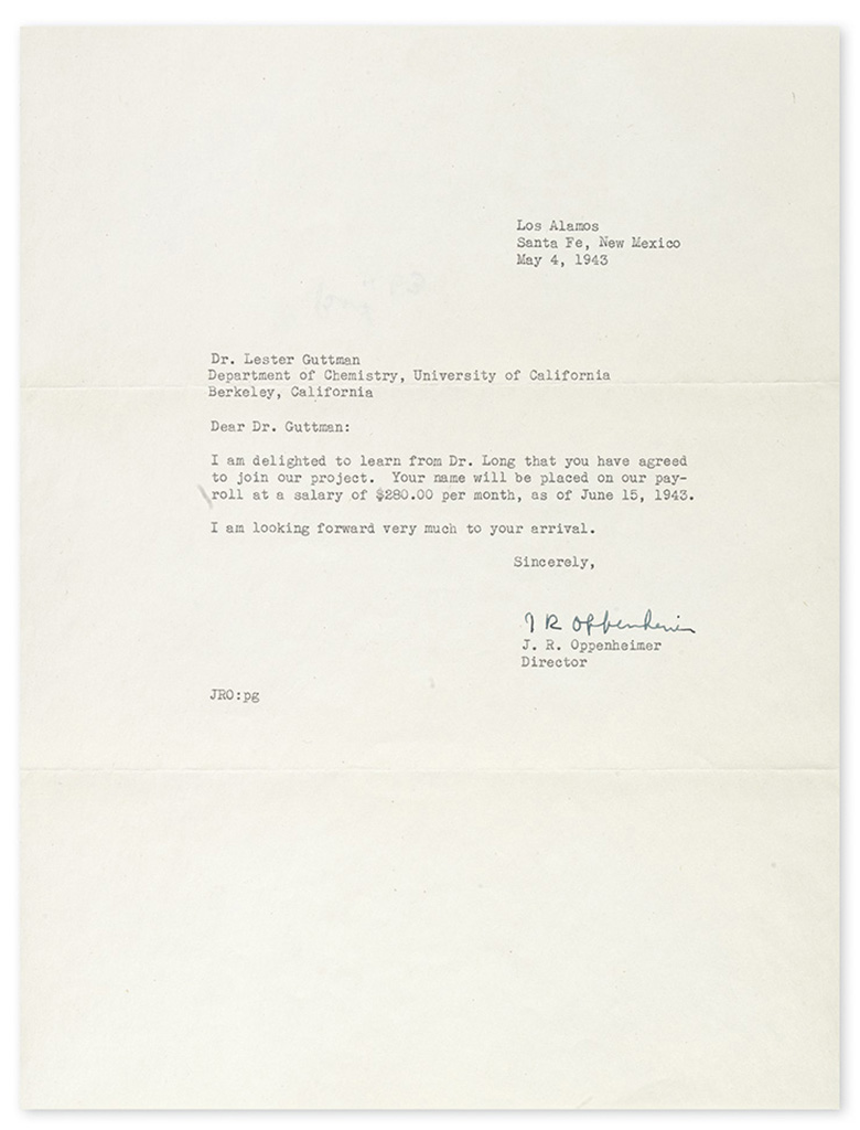 OPPENHEIMER, JULIUS ROBERT. Typed Letter Signed, J R Oppenheimer, as Director of the Los Alamos Laboratory, to chemist Lester Guttman